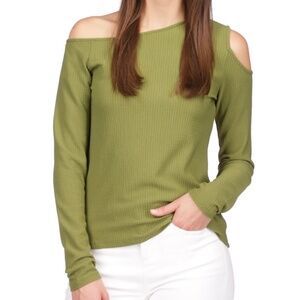 Michael Kors Womens PM Pullover Asymmetrical Top Olive Green Cold Shoulder LS